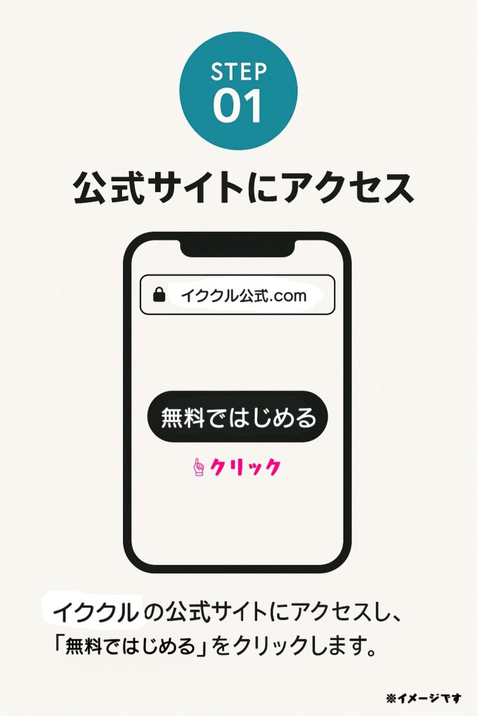 まずはイククルの公式サイトにアクセスしましょう。トップページが表示されたら、「無料ではじめる」というボタンをタップします。