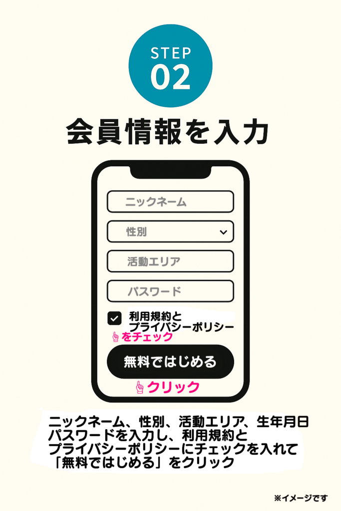 次に新規会員登録の画面が表示されます。ここでは、ニックネーム・性別・活動エリア・生年月日・パスワードを入力し、「利用規約とプライバシーポリシーに同意する」にチェックを入れてから、「無料で始める」をクリックしてください。