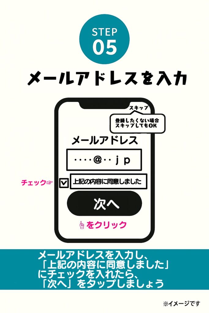 次の画面では、メールアドレスの入力欄が表示されます。メールアドレスを入力し、「上記の内容に同意しました」にチェックを入れたら、「次へ」をタップしましょう。