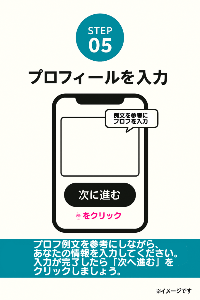 メールアドレスの登録が完了すると、プロフィールの入力画面に移ります。プロフ例文を参考にしながら、あなたの情報を入力してください。入力が完了したら「次へ進む」をクリックしましょう