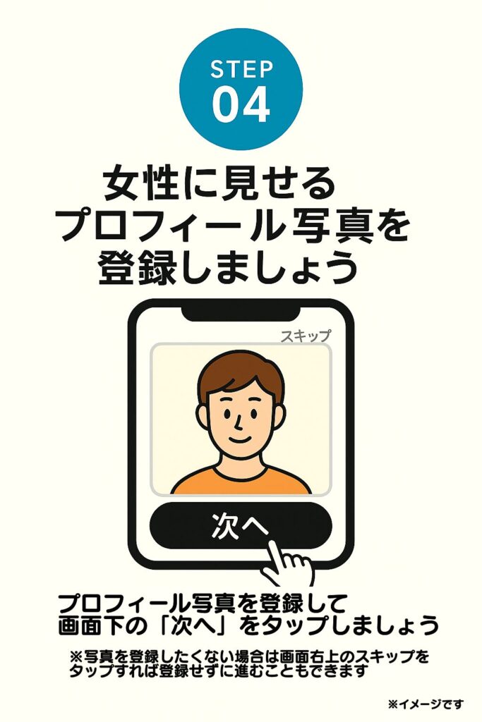 タイプ操作が完了すると、プロフィール写真の登録画面になります。写真を登録したくない場合は、画面右上の「スキップ」をタップすれば、登録せずに進むことも可能です。