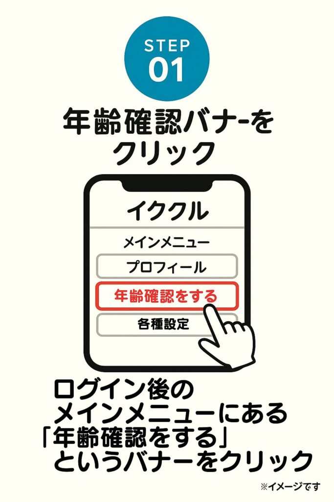 手順としては、まず公式サイトにアクセスし、ログイン後のメインメニュー画面にある「年齢確認をする」というバナーをクリックします。