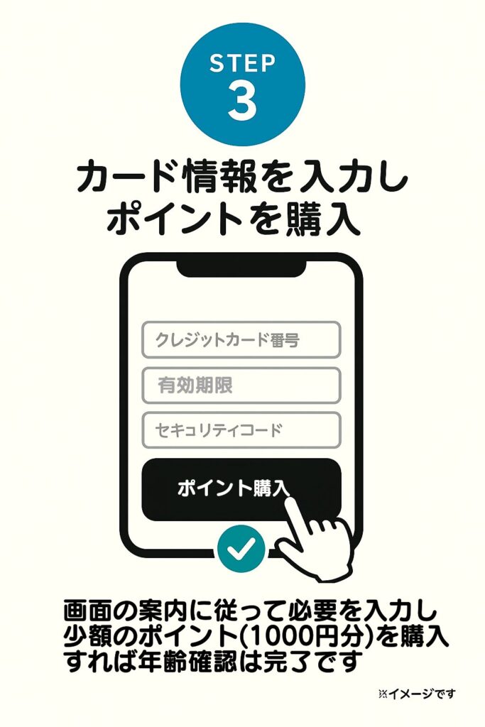 選択した後は、画面の案内に従って必要事項を入力し、少額のポイント(※1000円分など)を購入することで年齢確認が完了します。