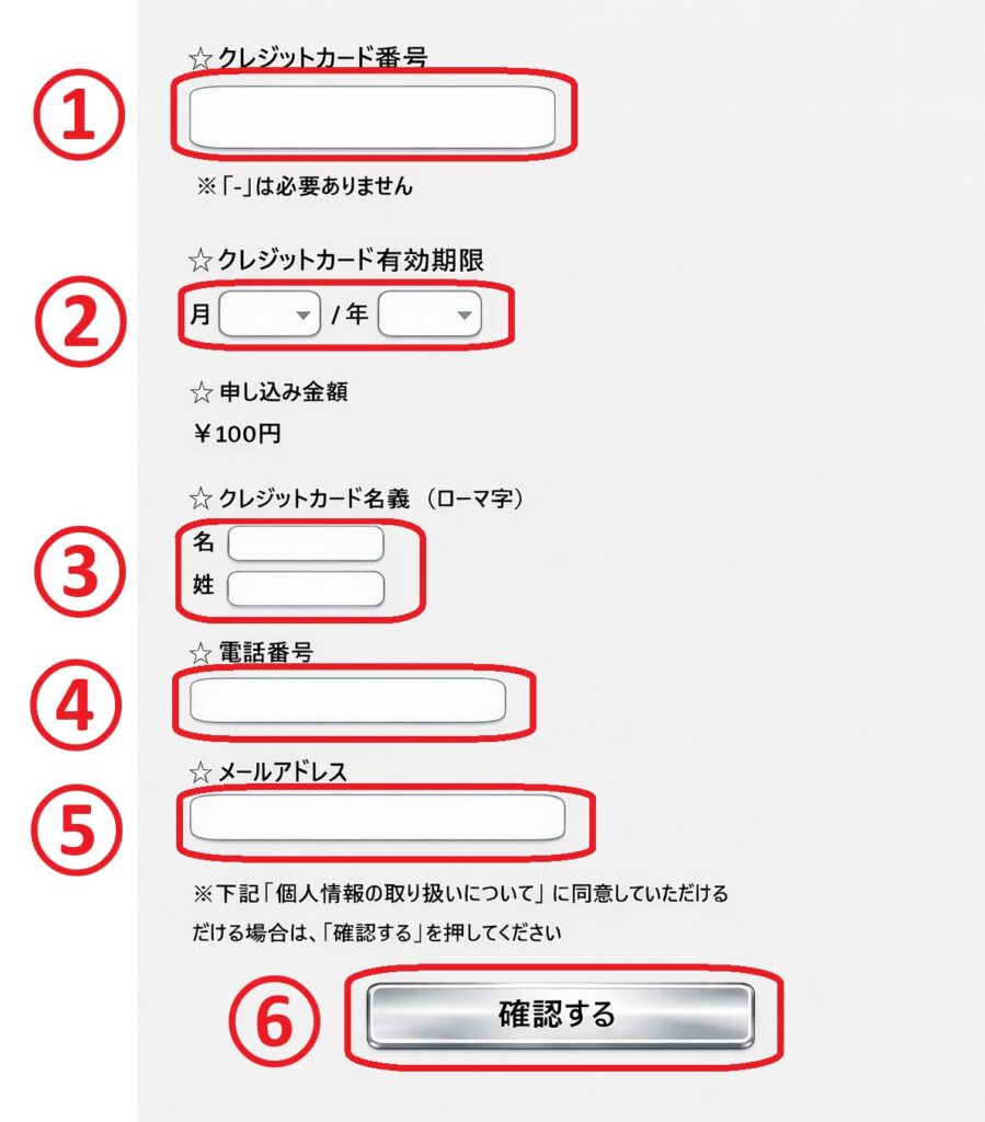 次に、クレジットカード情報の入力画面が表示されますので、必要事項（カード番号、有効期限など）を正しく入力しましょう。入力が完了したら「確認する」ボタンをクリックします