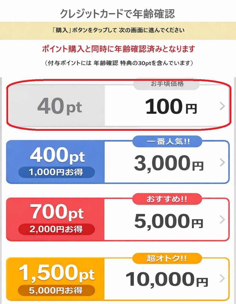 金額の選択画面になるのでもっとも「少額の100円分の金額」を選択します