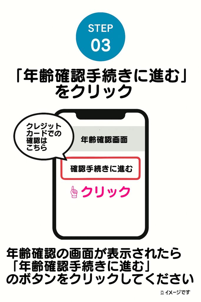 クリックすると、クレジットカードによる年齢確認の画面が表示されます。表示されたら「年齢確認手続きに進む」のボタンをクリックしてください