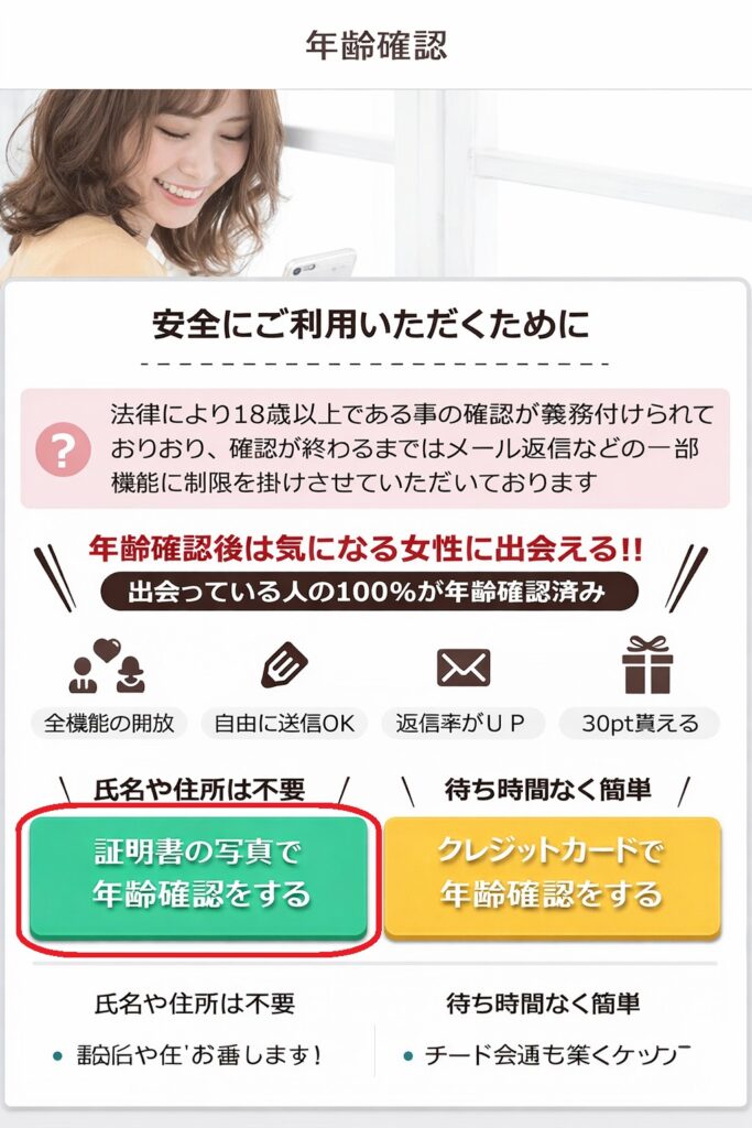 齢確認画面に移動したら、「証明書の写真で年齢確認をする」を選択します。利用できる本人確認書類は、運転免許証・パスポート・健康保険証・年金手帳などの公的証明書です。