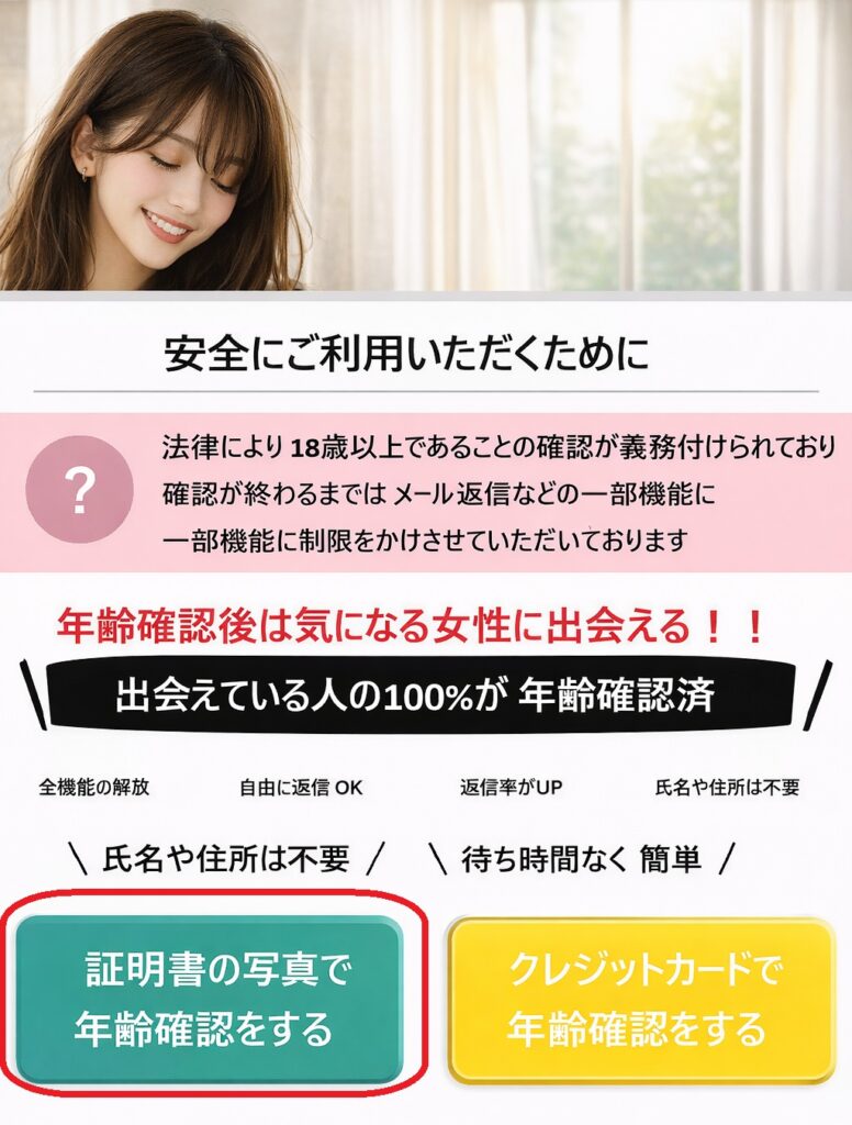 年齢確認画面に移動したら、「証明書の写真で年齢確認をする」を選択します。利用できる本人確認書類は、運転免許証・パスポート・健康保険証・年金手帳などの公的証明書です。